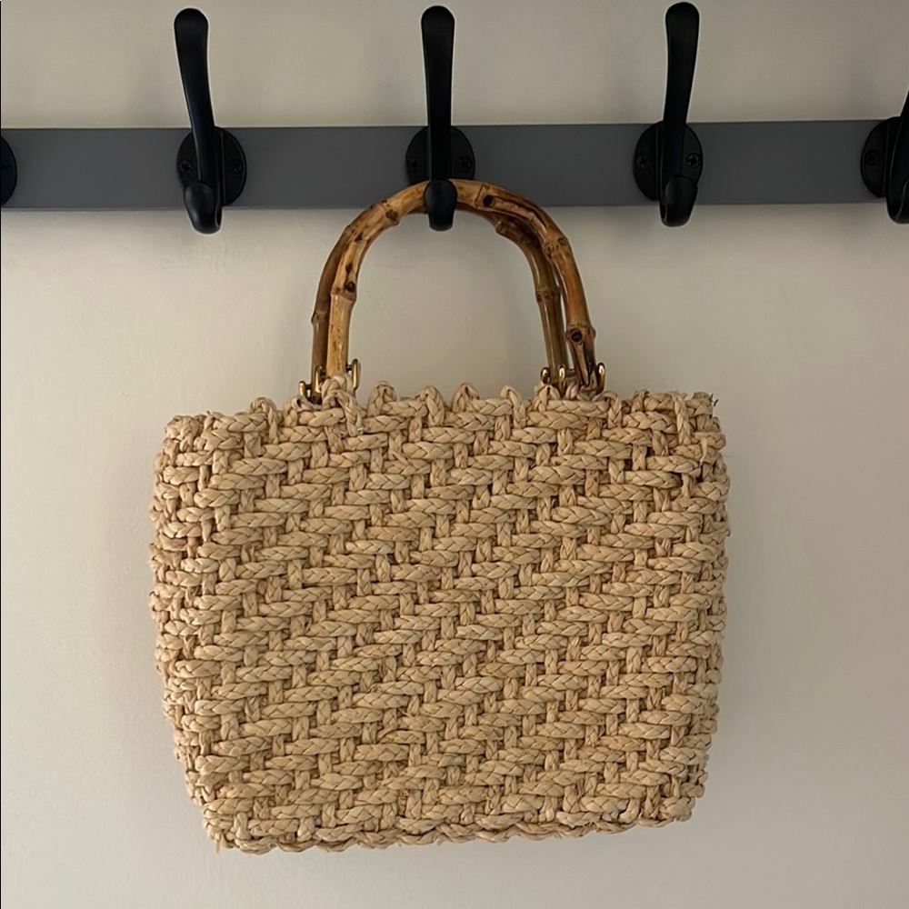 Tan and Brown Woven Tote with Bamboo Handles